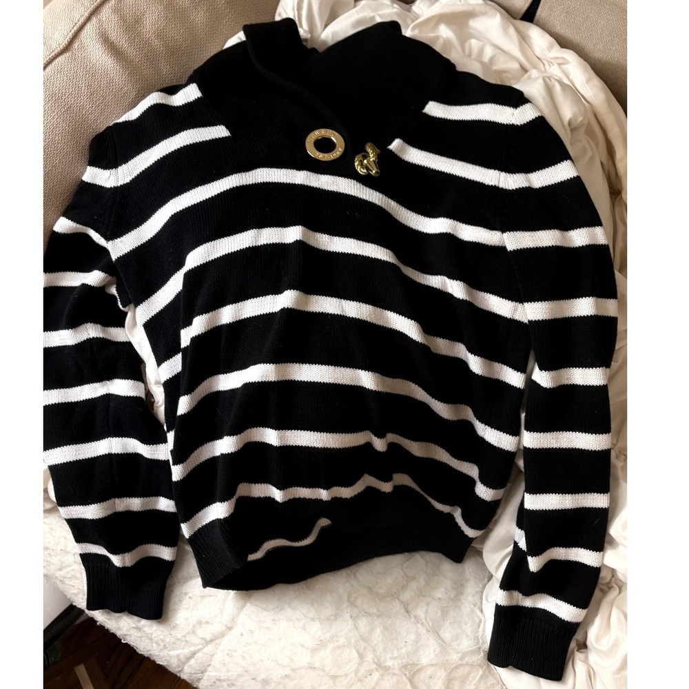 Ralph Lauren Black and White Shawl Collar Sweater with Gold Accents - Size M